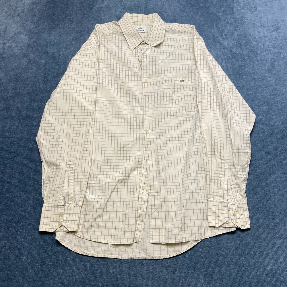 Lacoste Casual Shirt Mens 42 Beige Check Crocodile Logo Chest Pocket Button Up